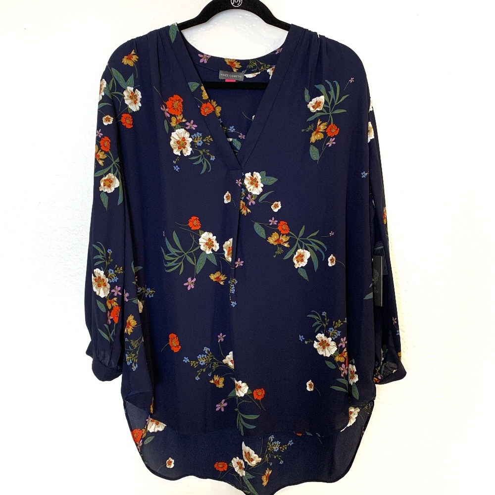 Vince Camuto Floral Print Blouse Womens 2X NWT Navy Blue Office Work Church NEW